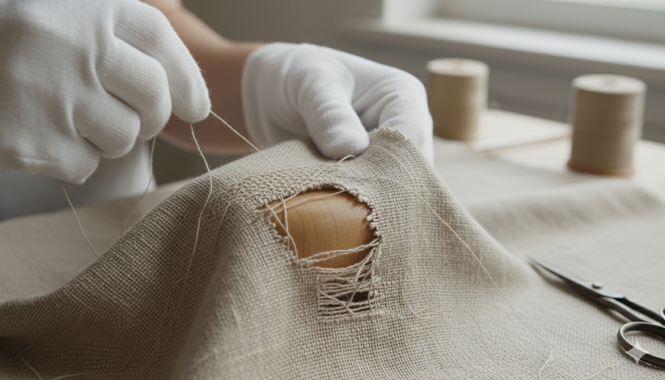 Korjaustyökuva pellavakankaasta